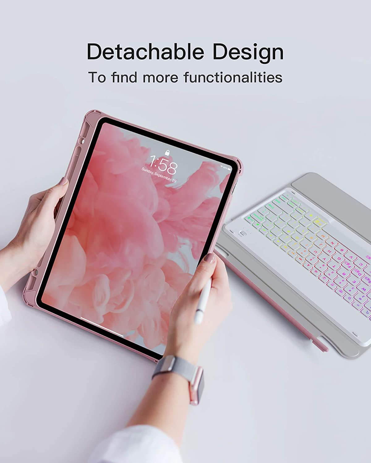 Inateck iPad Keyboard Case for iPad Pro 12.9 Inch 2020 (4th Gen) - iPad Pro 2018 12.9 (3rd Gen) with Hundreds of Backlits - RGB Tablet Keyboard - Stable Flexible Kickstand - KB02006 Pink