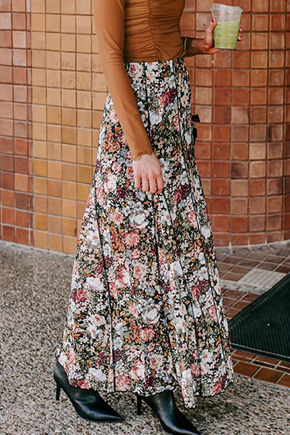 Brown Allover Floral Print Bohemian High Waist Maxi Skirt