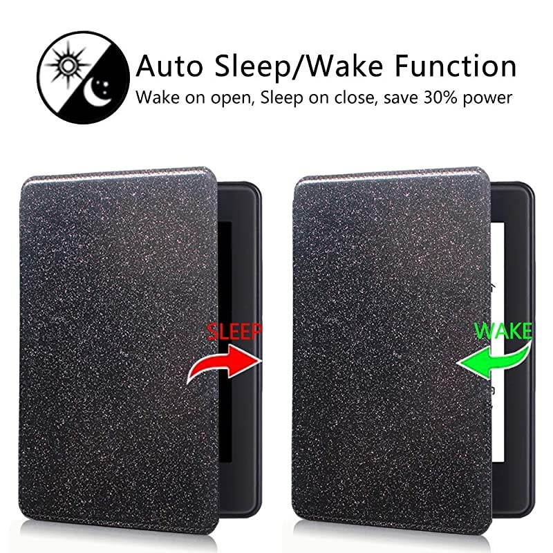 Flip Case for Kindle Paperwhite 2018 EReader 10th Generation Sparkle Cover with Hand Strap Lightweight Premium PU Leather Stand Smart Protective Sleeve with Card Slot Glitter Black
