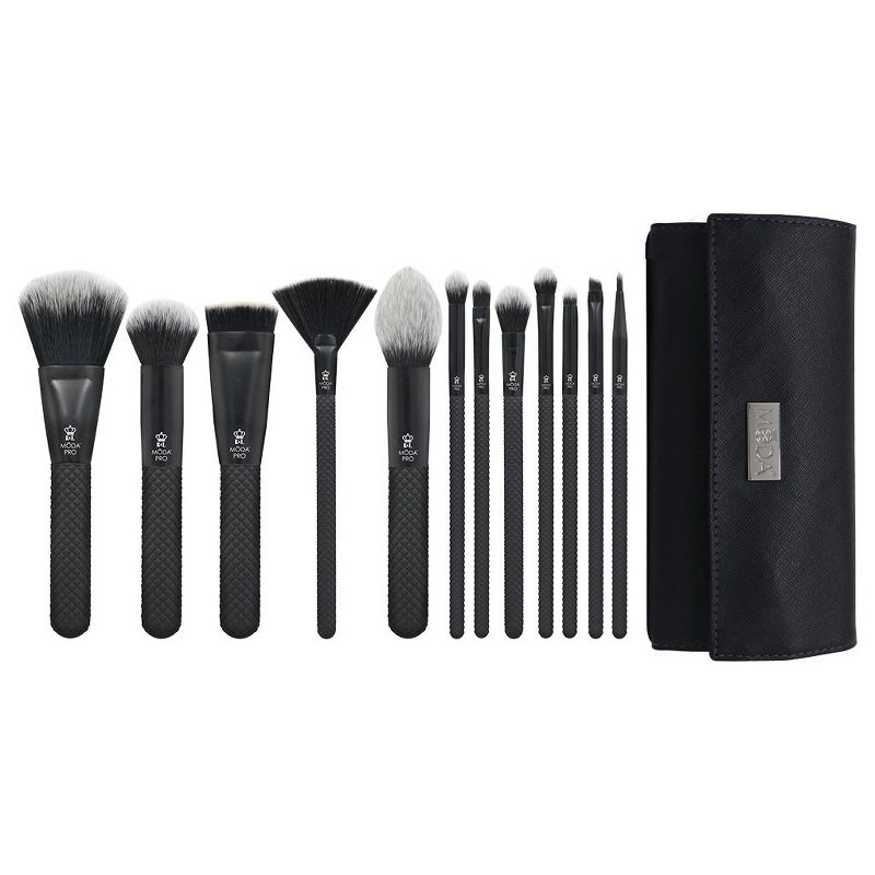 MODA Brush Pro 13pc Full Face Black Makeup Brush Set with  Wrap, Includes - Highlighter, Buffer, Shade, and Crease Brushes