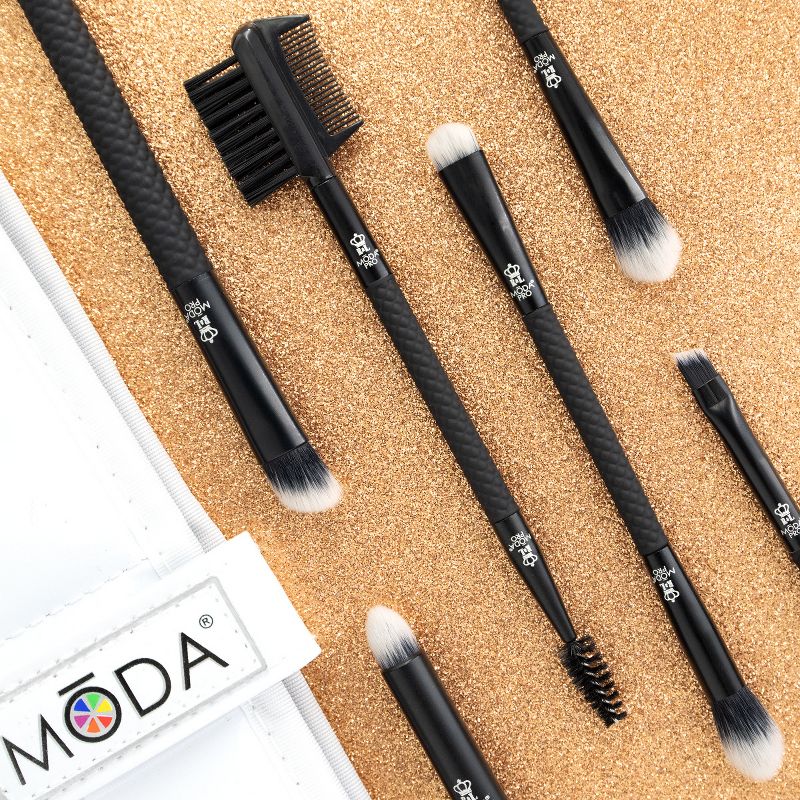 MODA Brush Pro 7pc Beautiful Eyes Black Tavel Sized Makeup Brush Set with Travel Flip Case, Includes - Angle Shader, Crease/Smudge, Eye Shader, Smoky Eye and Brushes