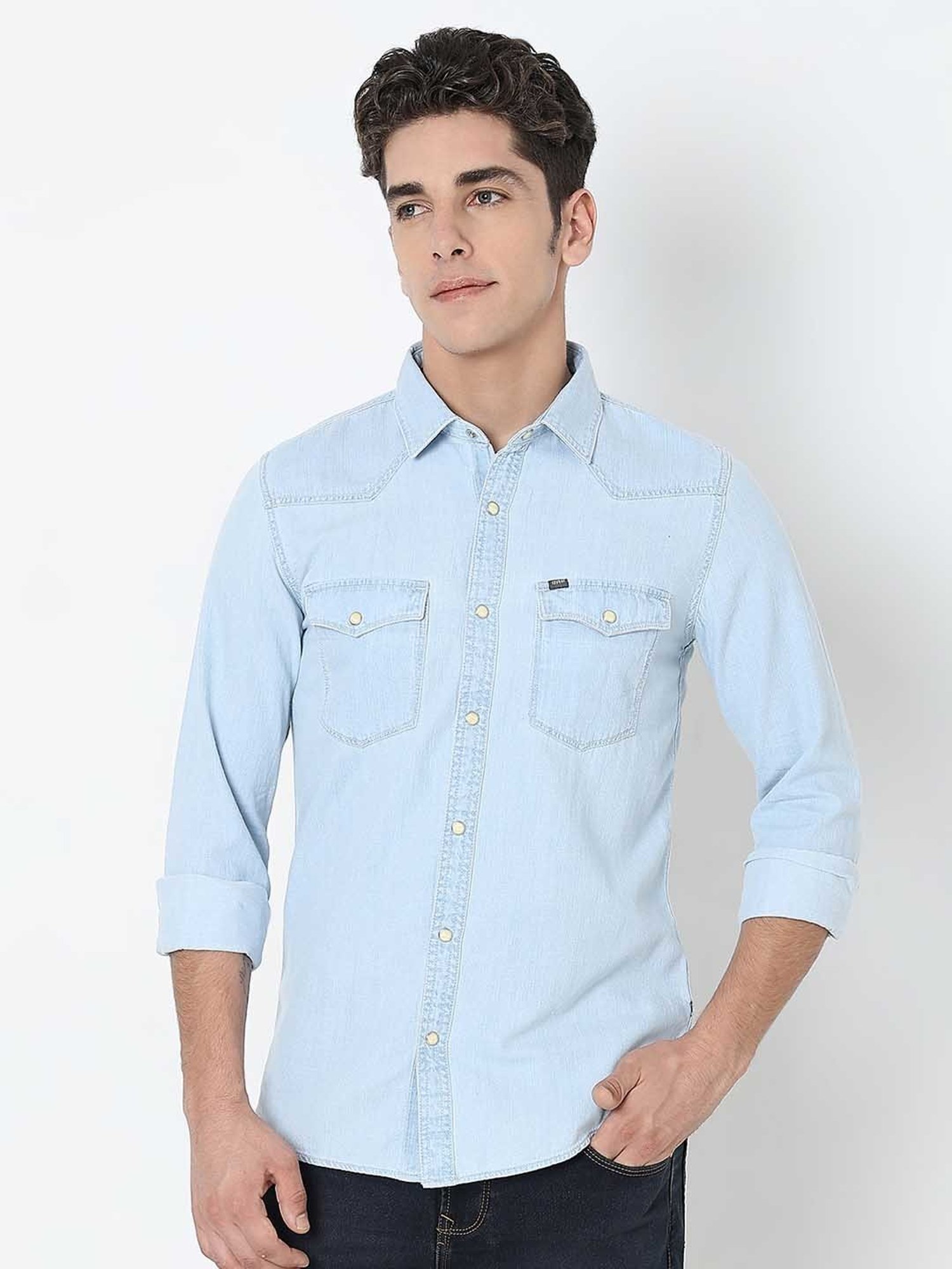 Kuons Avenue Cobalt Blue Slim Fit Denim Shirt