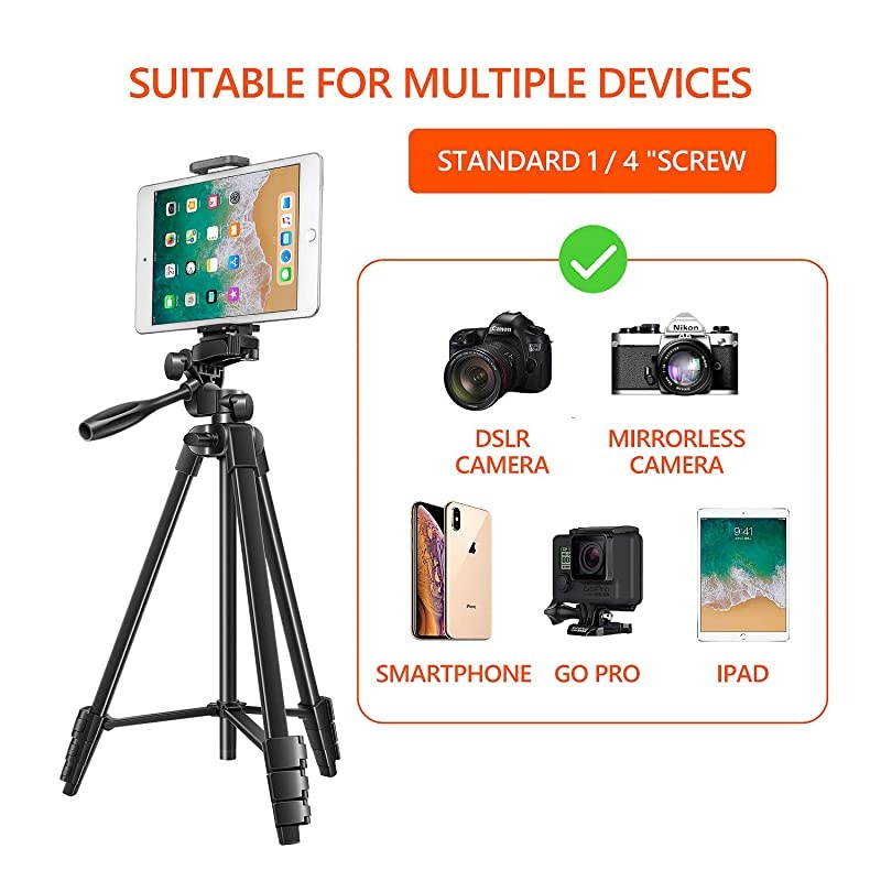 Tripod 55 Inch Lightweight Tripod for with 2 in 1 Holder for Tablet and CellAluminum Alloy 3Way Head Tripod for DLSR Camera with Carrying Bag and Bluetooth Remote Control