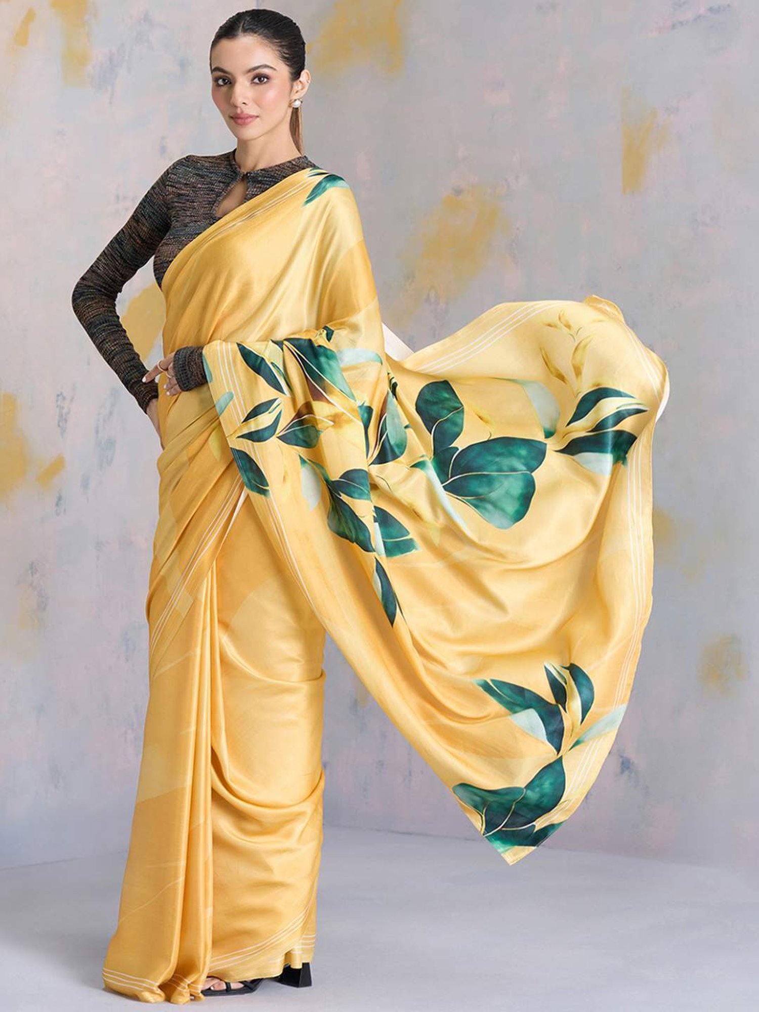 navyasa by liva Beige Printed Saree With Unstitched Blouse
