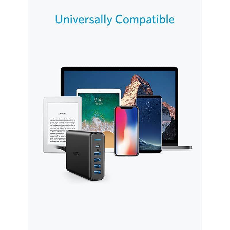 USB C Wall Charger  Premium 60W 5Port Desktop Charger with One 30W Power Delivery Port for MacBook Air 2018 Ipad Pro 2018 S10 and 4 Poweriq Ports for iPhone XsMaxXRX8 S9S8 and More