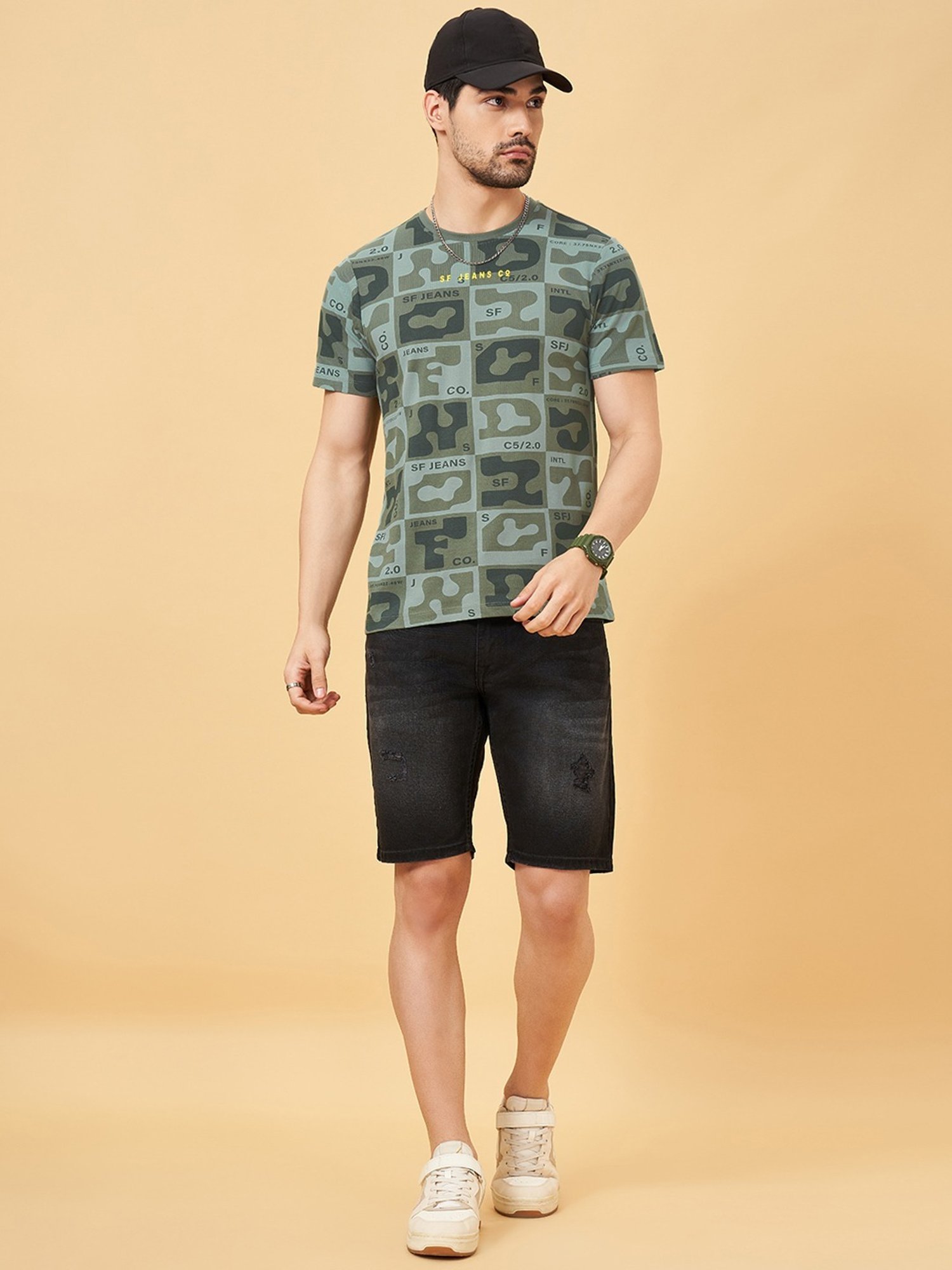 Sf Jeans By Pantaloons Green Slim Fit Printed T-Shirt