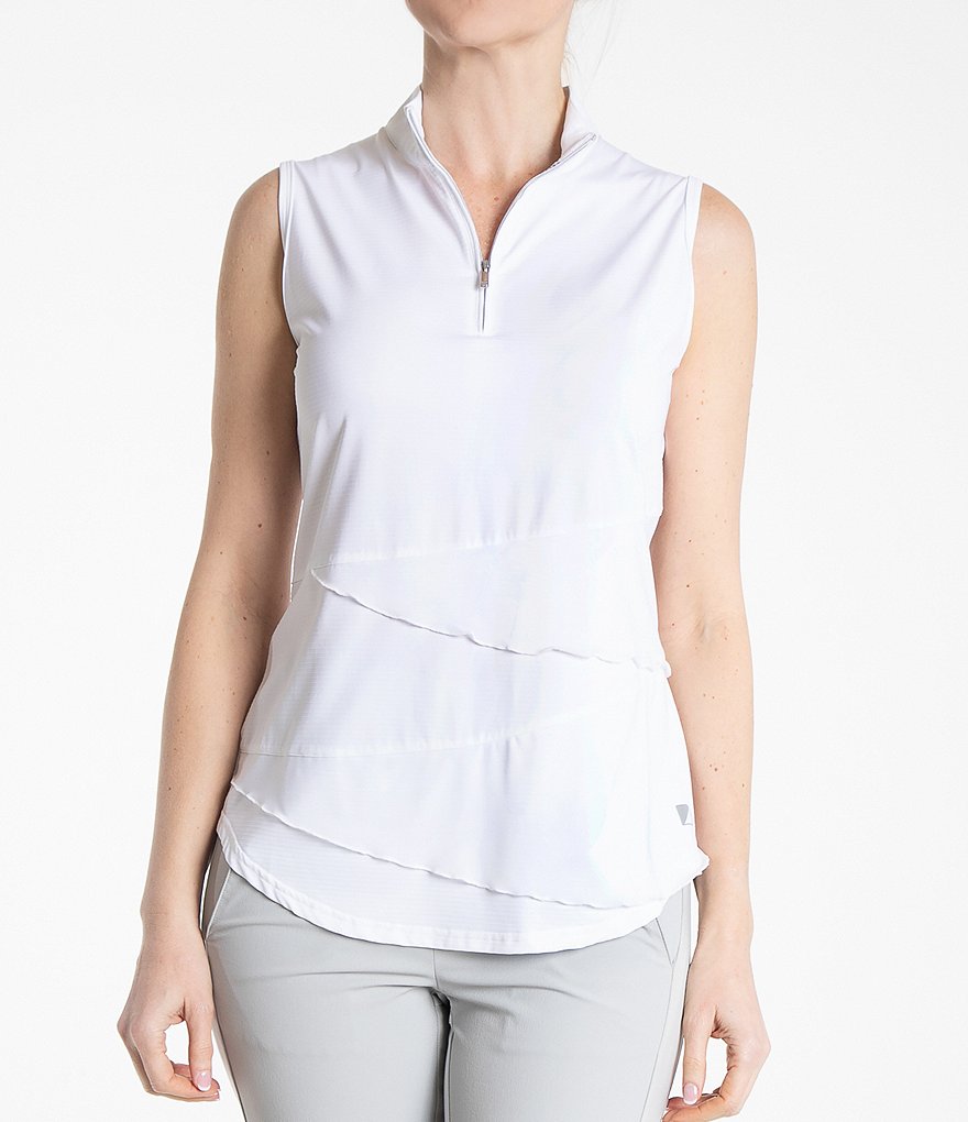 Bette & Court Synergy Sleeveless Quarter Zip Solid Polo Top