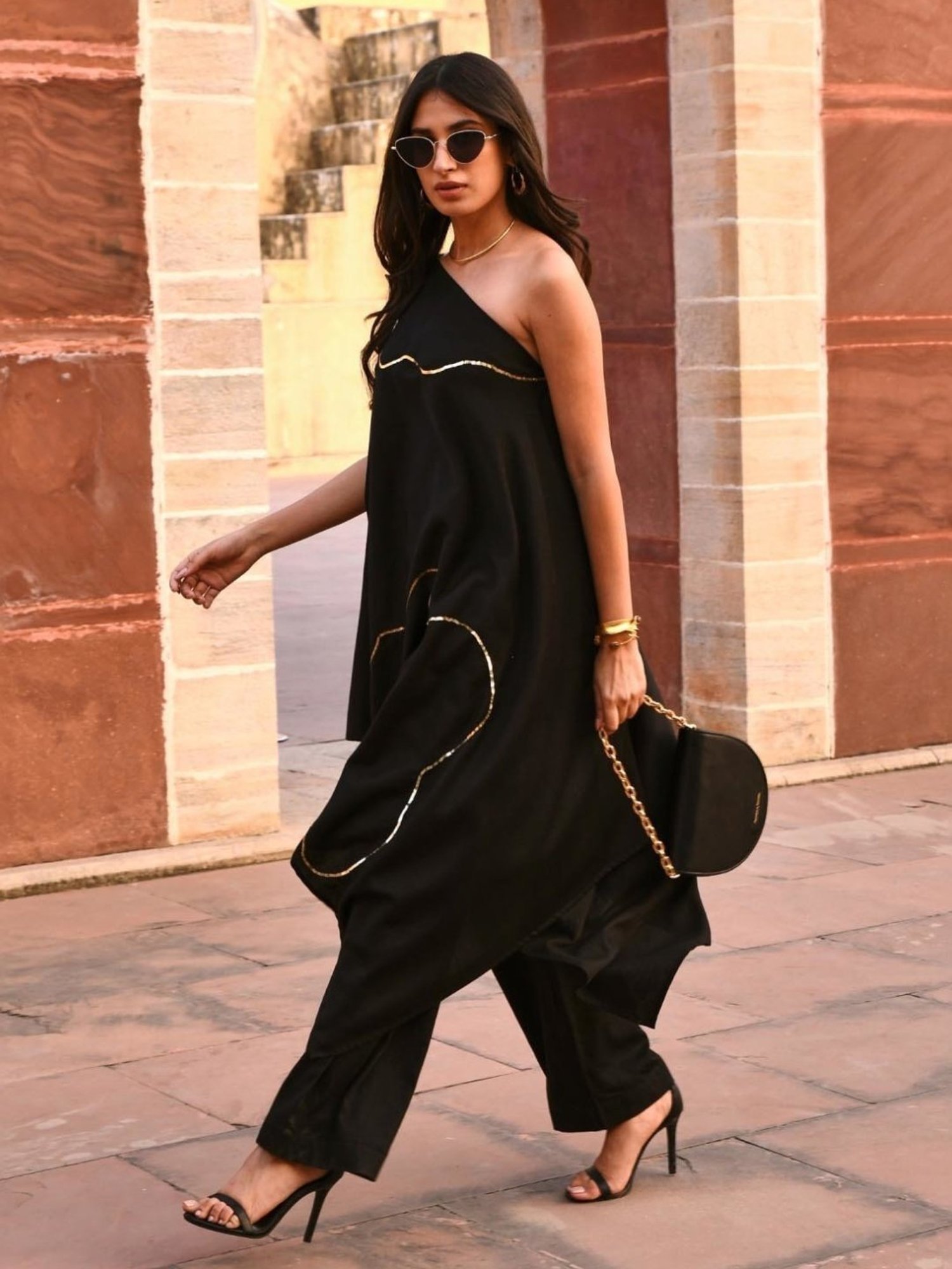 Gulaal Black Tiana Off Shoulder Kaftaan With Pant