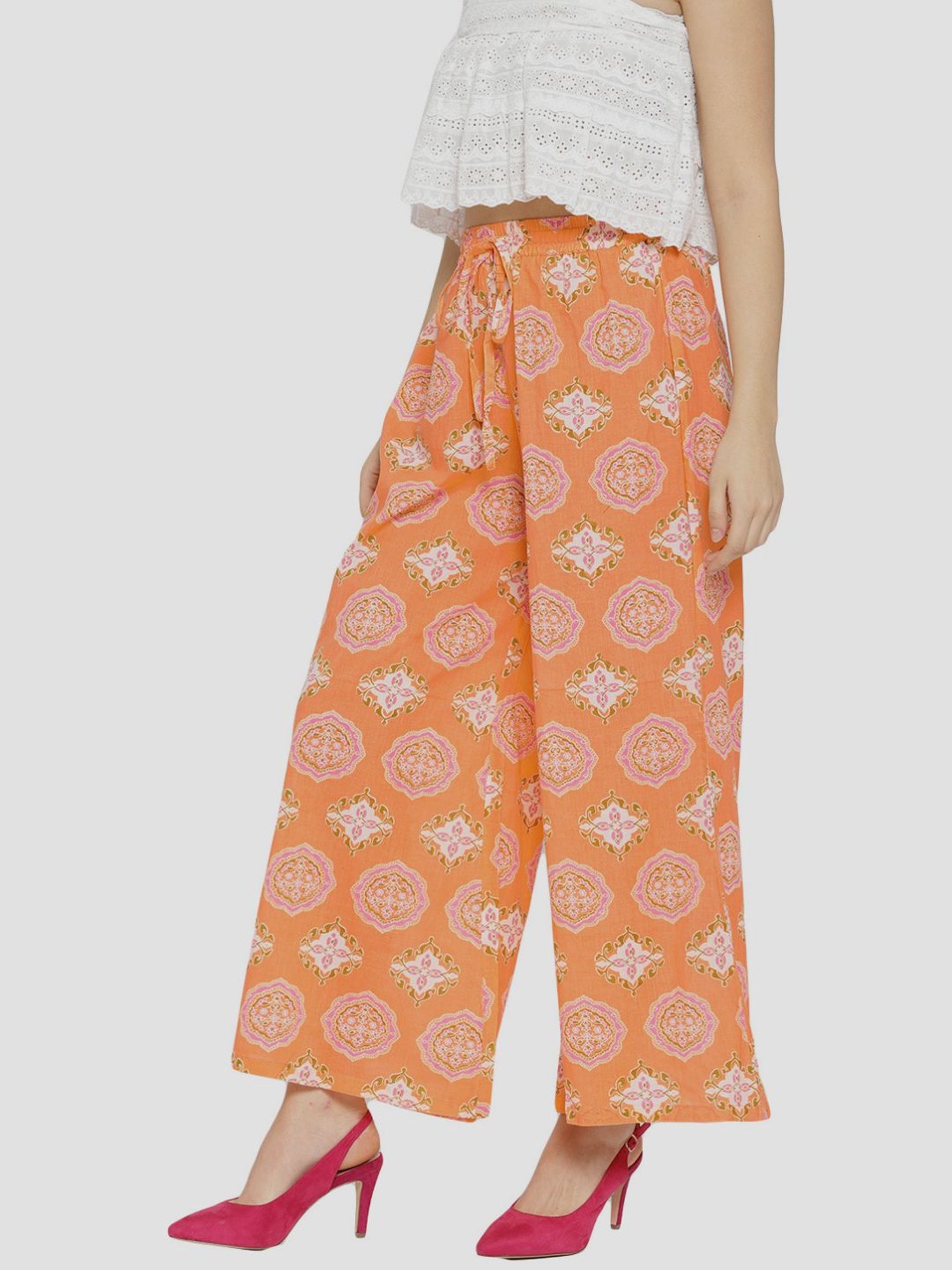 Sringam Orange Cotton Printed Palazzos