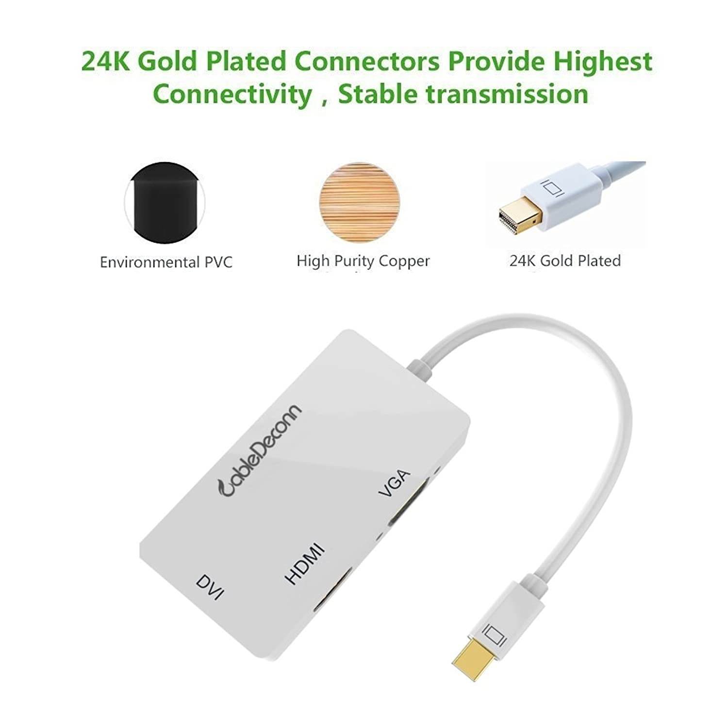 Mini DisplayPort to HDMI DVI VGA Cable, CableDeconn 3 in 1 Mini DP (Thunderbolt Port Compatible) to HDMI DVI VGA TV AV HDTV Adapter Converter for Apple Mac Book