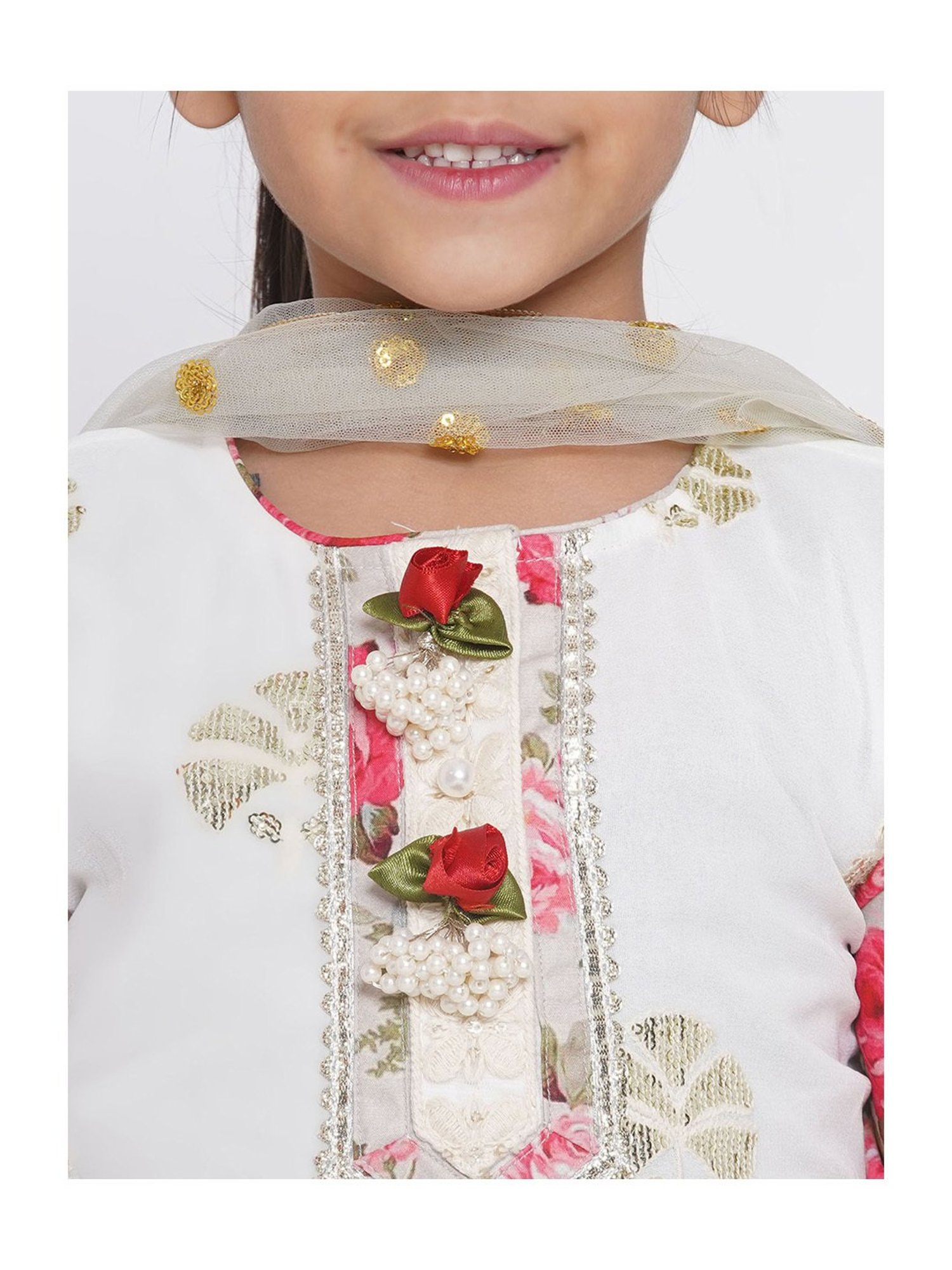 Little Bansi Kids White & Sage Green Embellished Kurta, Sharara, with Dupatta