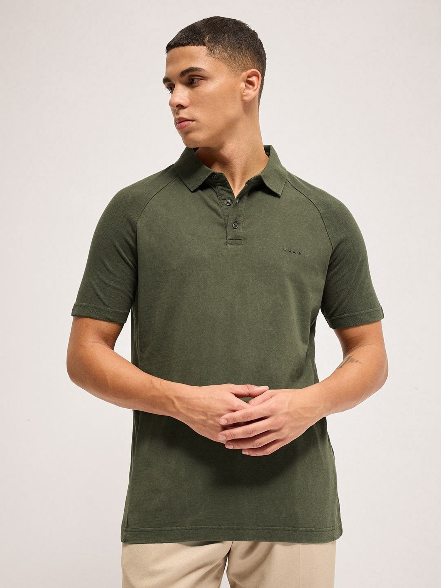 The Bear House Green Cotton Regular Fit Self Pattern Polo T-Shirt