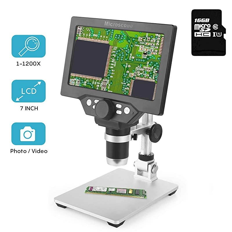 Digital USB Microscope 7 inch HD Screen 1200X Magnification Camera Video Recorder with Rechargeable Battery,8 LED Lights for Soldering PCB Circuit Board Repair Coins Insect