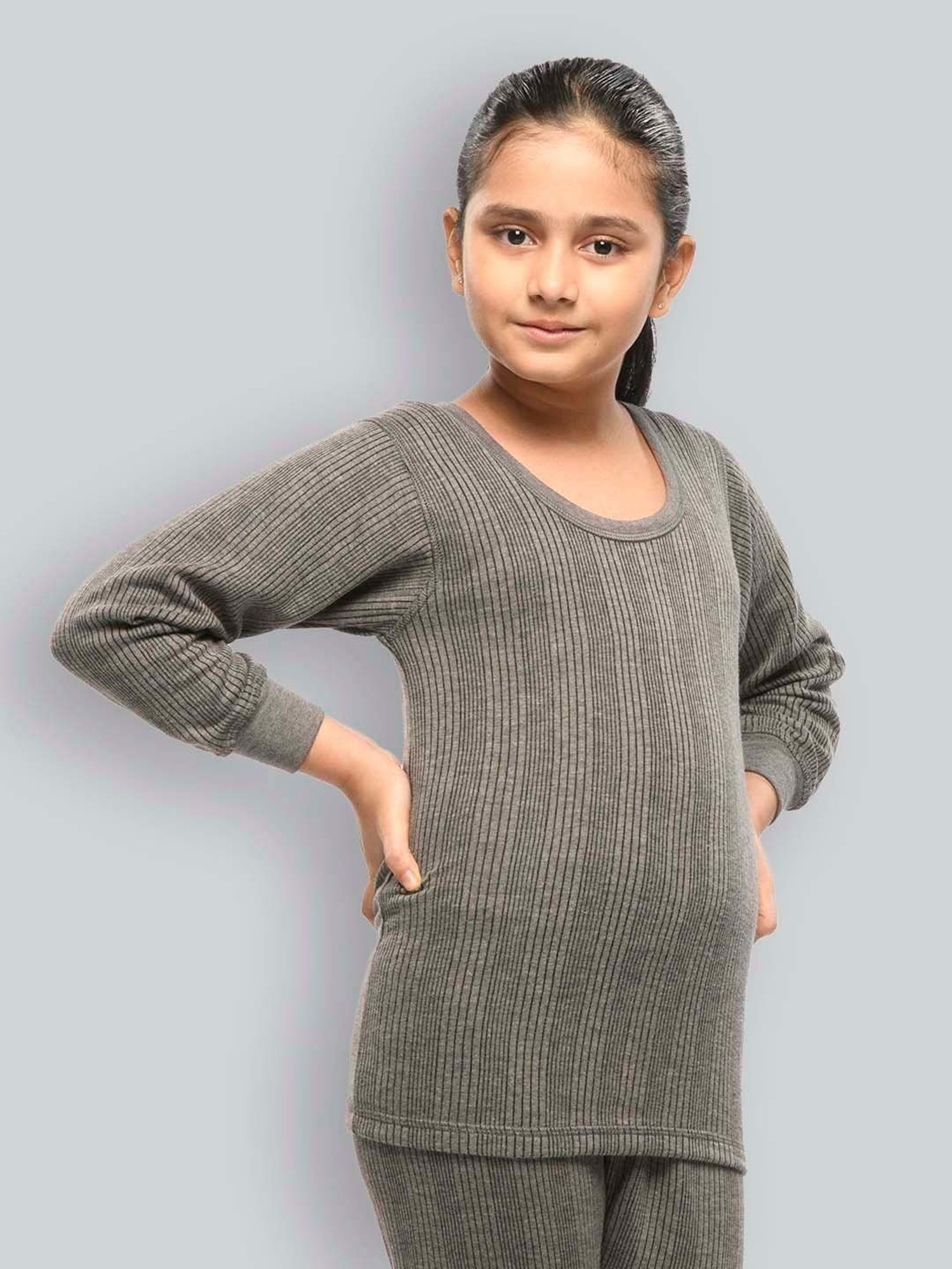 Dyca Kids Grey Melange Textured Thermal Top (Pack Of 2)