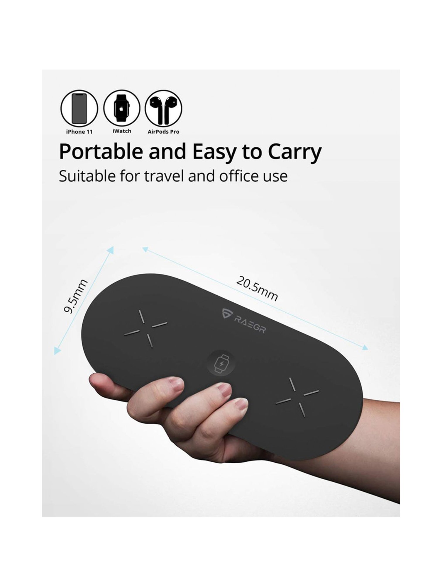 RAEGR Arc 1350 3-in-1 Triple Wireless Charging Pad Trio Mat with 2 Type-C PD Cables - (Black)