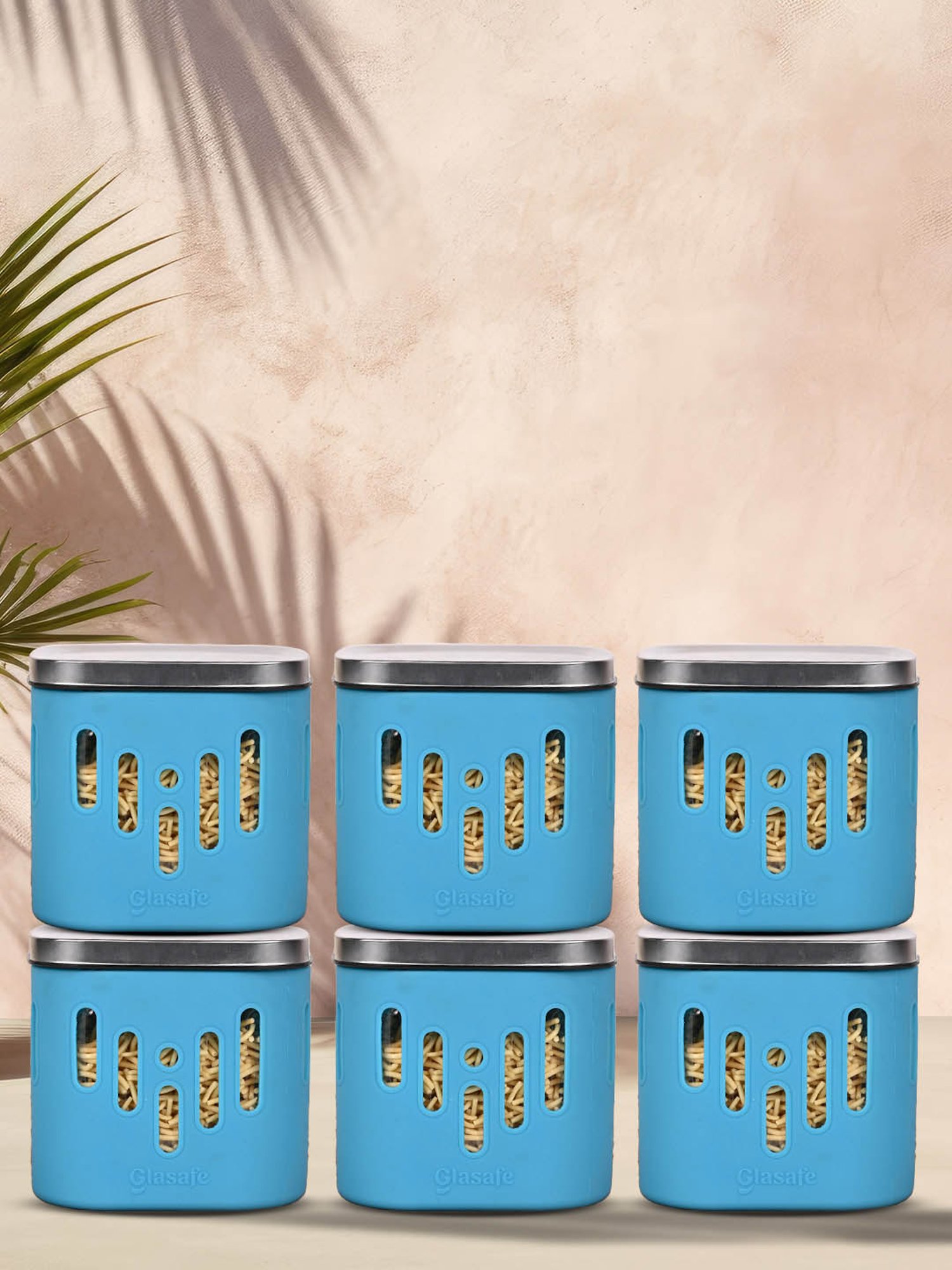 Glasafe 'O' Grip Tranquil Teal Borosilicate Containers - Set of 6 (600ml)