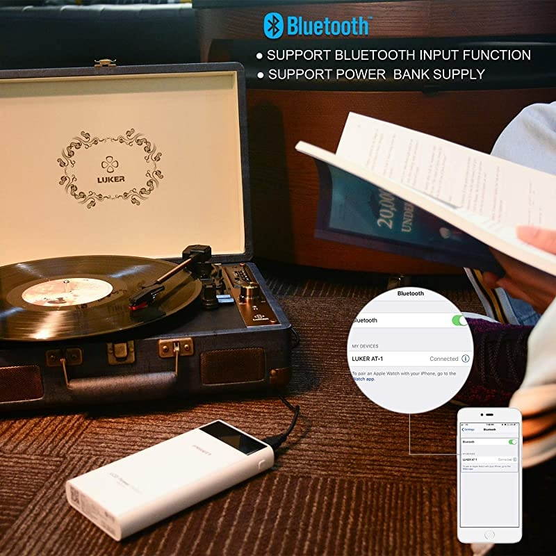 Record Player  Portable Suitcase Bluetooth Turntable for Vinyl Record BeltDrive 3Speed Stereo Turntable with Speakers Support Power Bank Supply 35mm Headphone RCA Audio Output