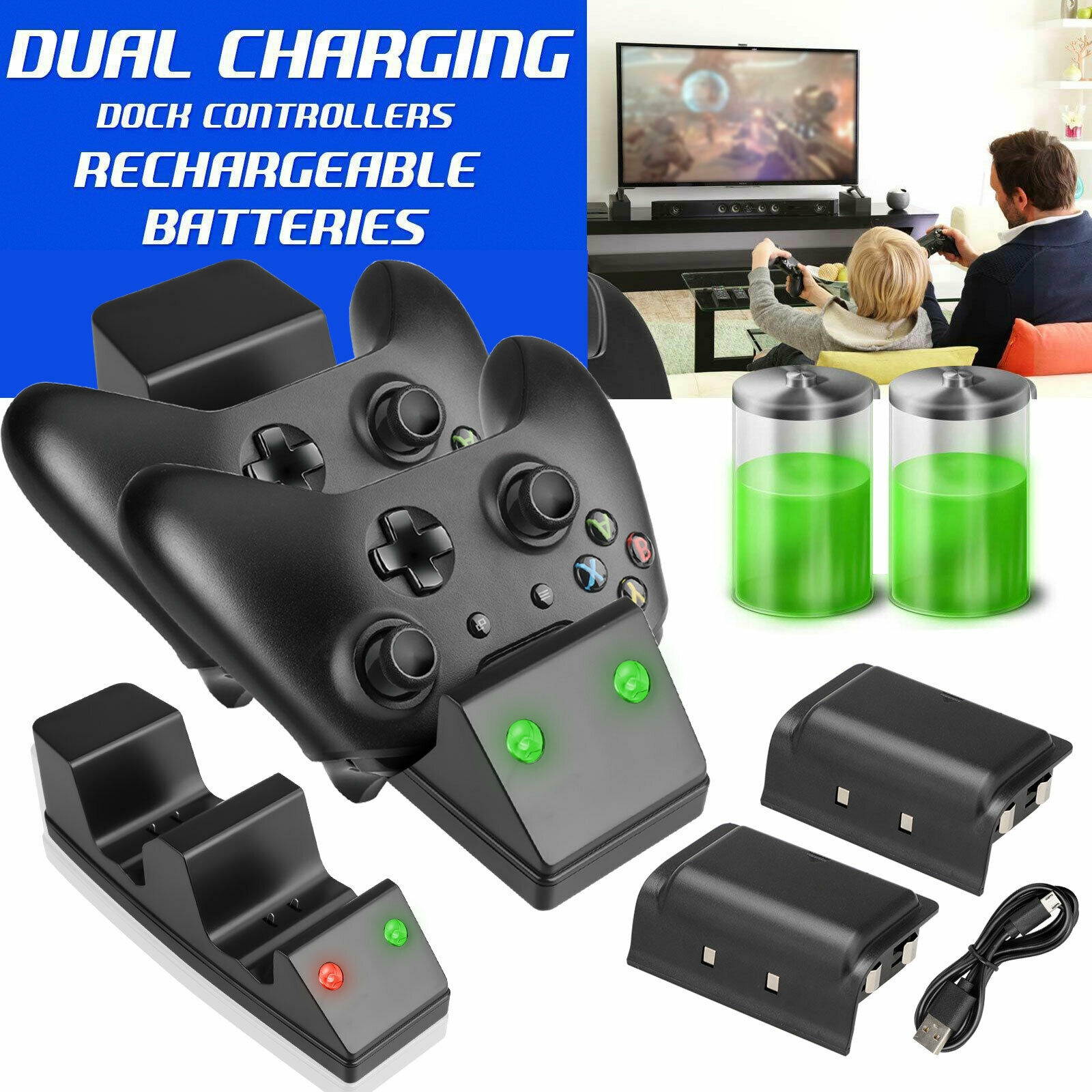 USB Dual Charging Dock Gamepad Fast Charger+Battery for Xbox One/ S Controller