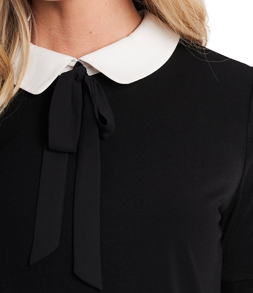 CeCe Mixed Media Collared Tie Peter Pan Collar Neck Short Sleeve Top