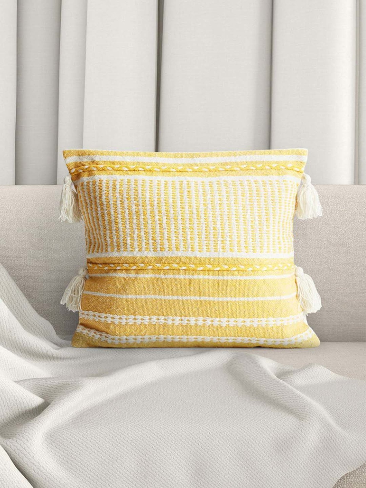 Living Scapes by Pantaloons Yellow Cotton Cushion Cover