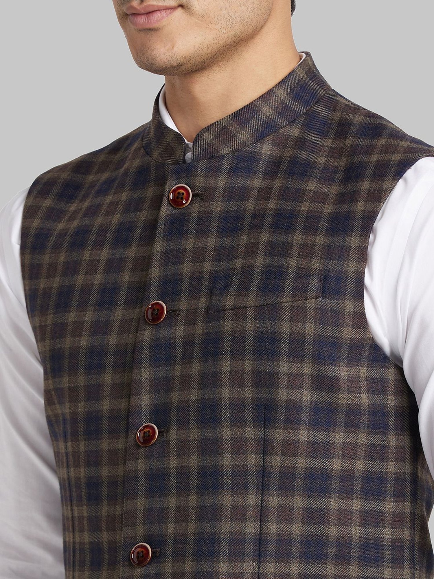 Park Avenue Brown & Blue Slim Fit Checks Nehru Jacket