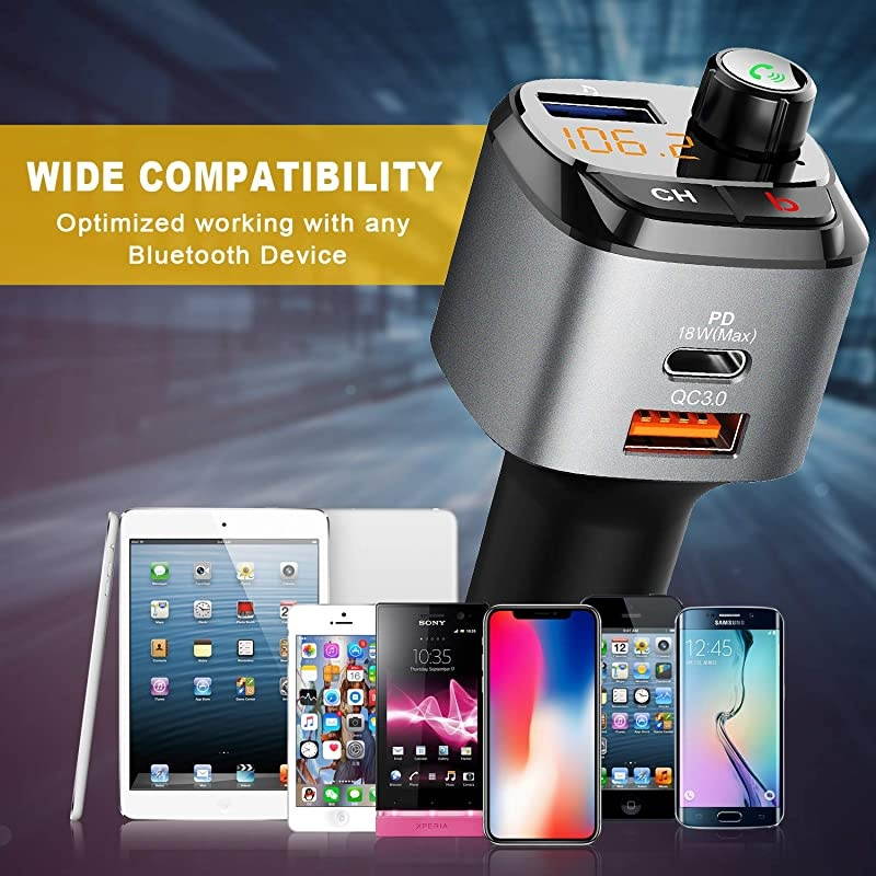 Bluetooth 50 FM Transmitter for Car QC30+TypeC PD 18W Wireless Bluetooth FM Radio Adapter Bass Sound Music Player FM Car Kit with Handsfree Calling and 3 USB Ports Charger Support USB Drive