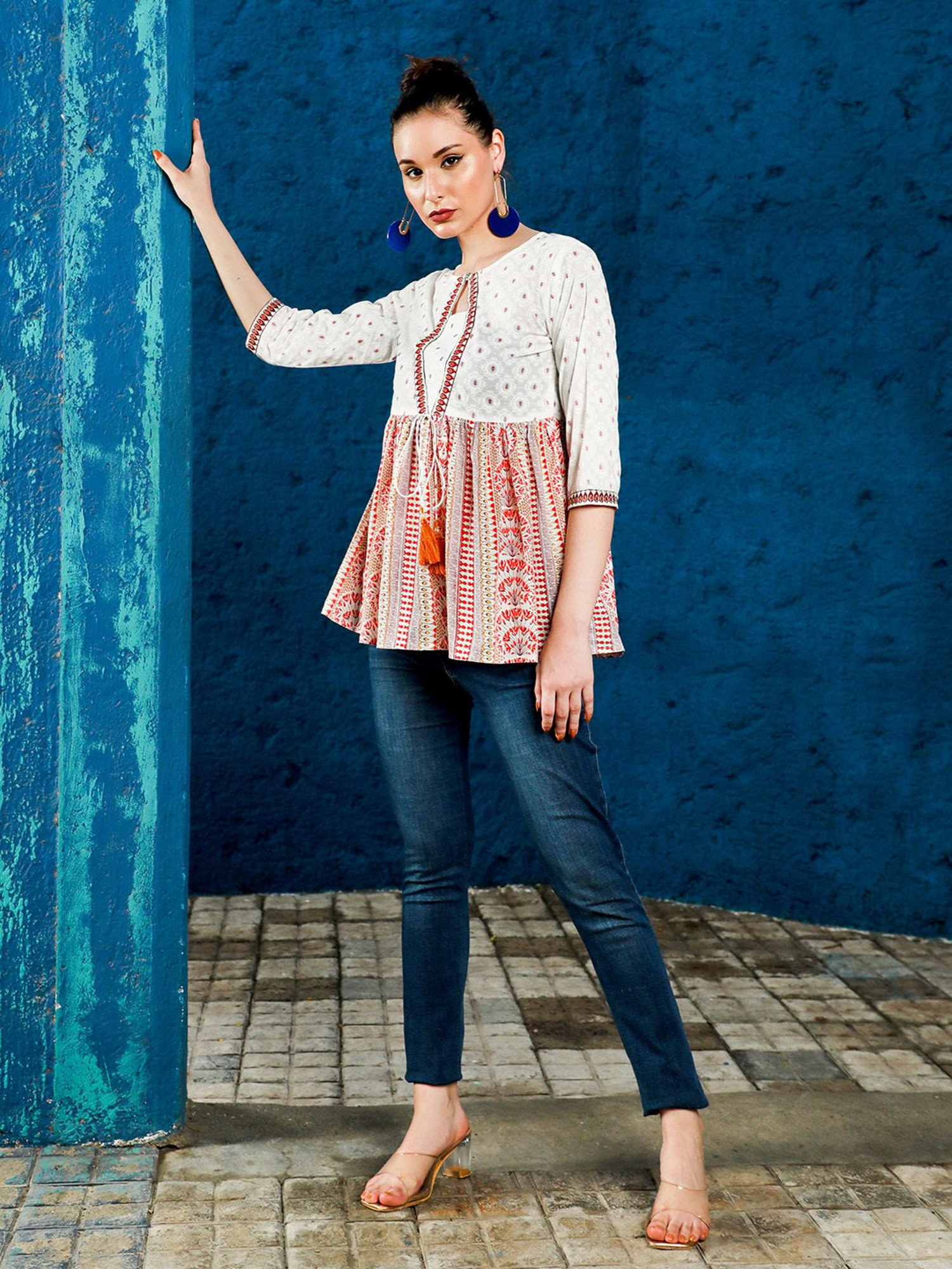 Jaipur Kurti White & Maroon Printed Peplum Top