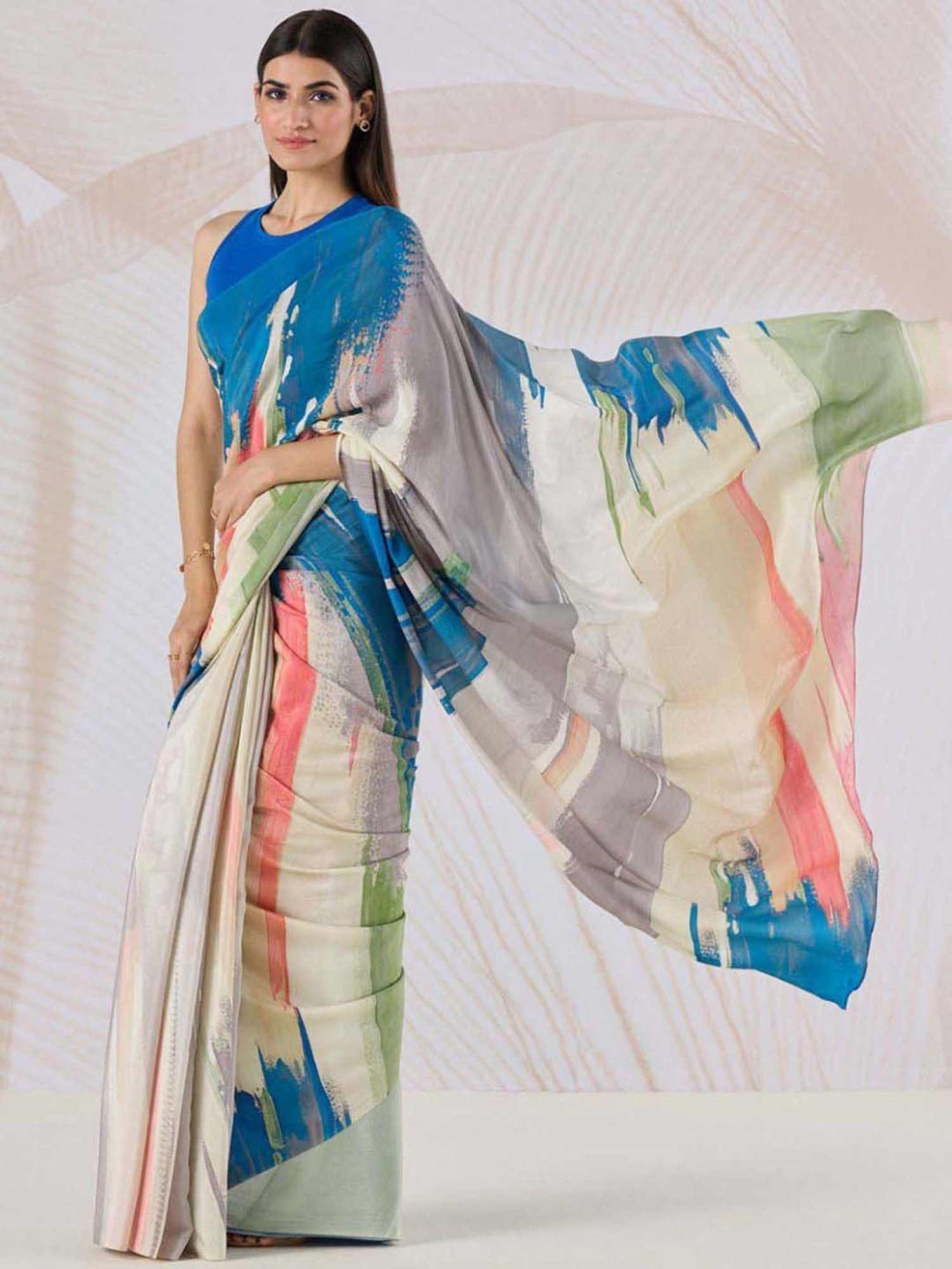 navyasa by liva Grey & Blue Printed Saree With Unstitched Blouse