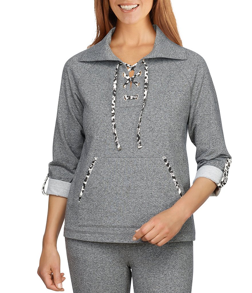 Ruby Rd. French Terry Textural Leopard Print Trim Lace Up 3/4 Roll-Tab Sleeve Point Collar Neck Pullover