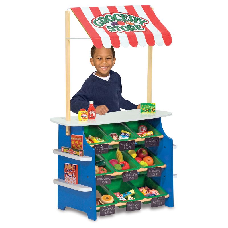Melissa & Doug Wooden Grocery Store and Lemonade Stand - Reversible Awning, 9 Bins, Chalkboards