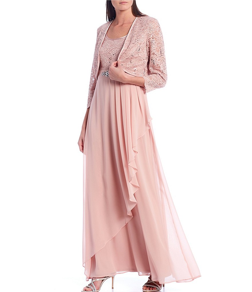 Jessica Howard Lace Jacket and Embellished Waist Ruffled Chiffon 2-Piece Gown