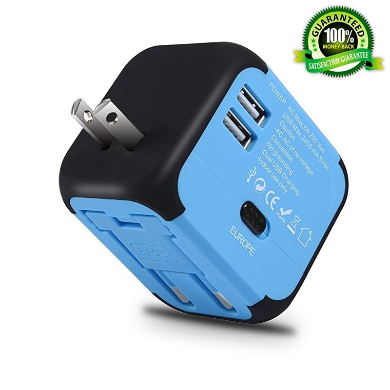 Universal International Travel Power Adapter with 2.4A Dual USB Wall Charger, European Adapter, Worldwide AC Outlet Plugs(A-Type Blue) Adapters for Europe, UK, US, AU, Asia