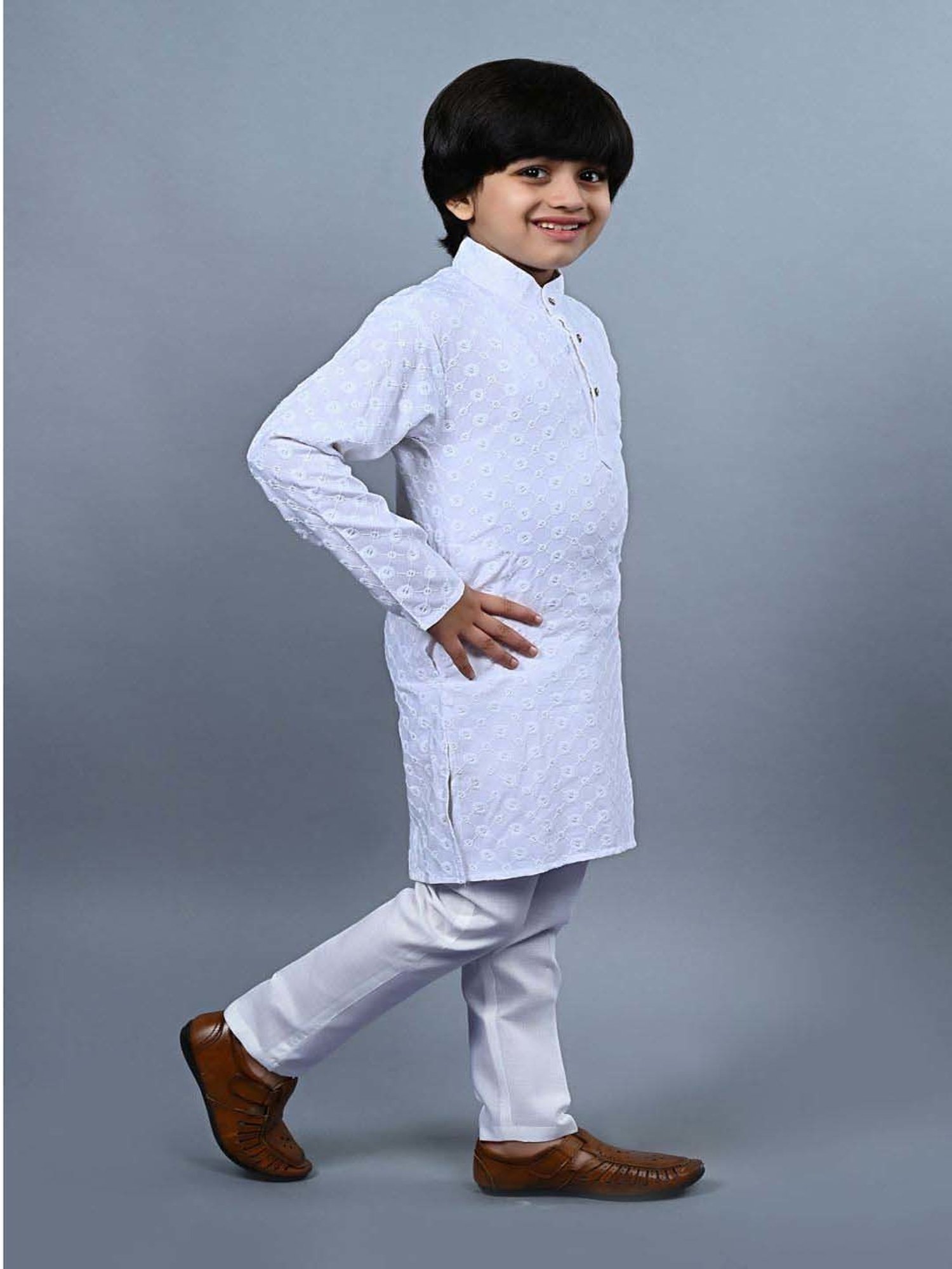 Ahhaaaa Kids Blue & White Cotton Embroidered Full Sleeves Kurta Set