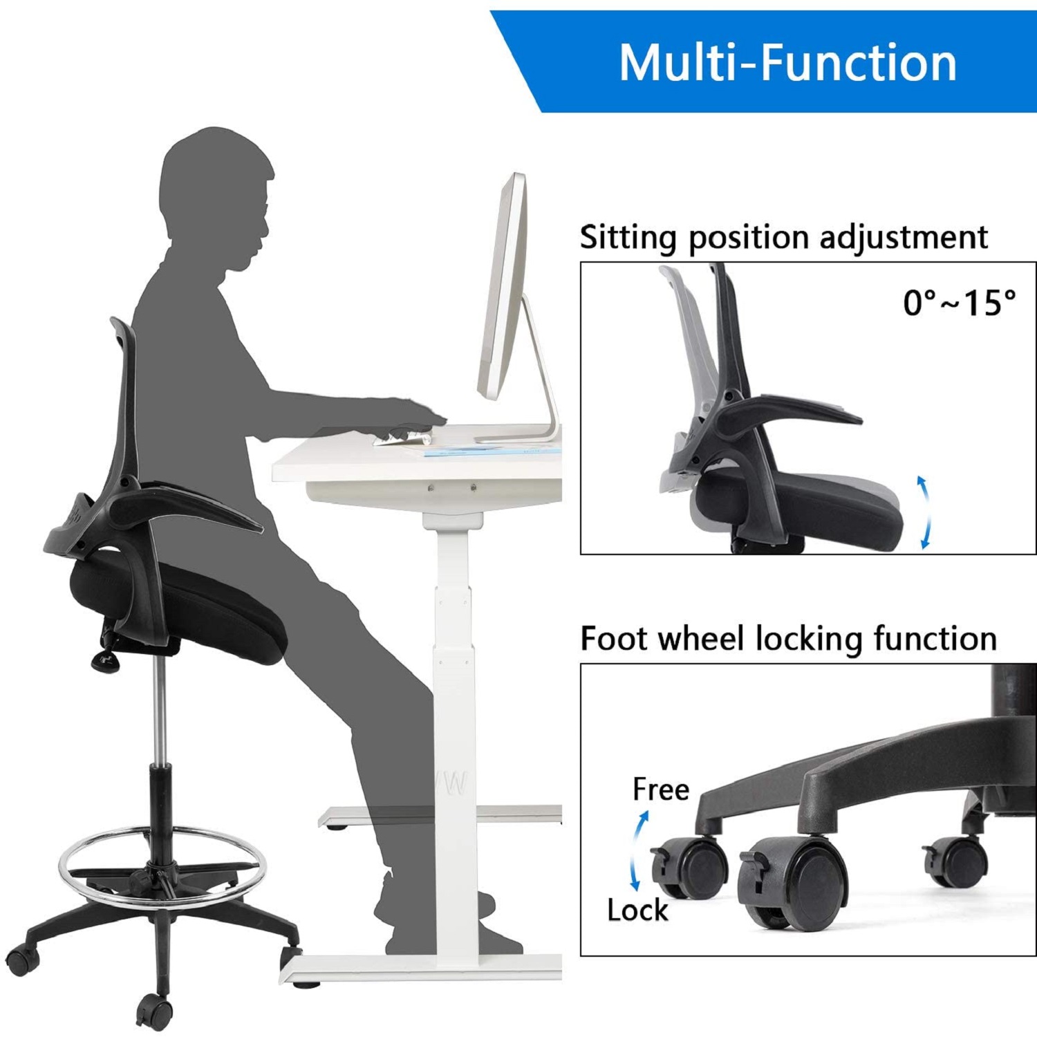 Devoko Drafting Chair with Flip-up Arms Tall Office Chair Executive Computer Standing Desk Chair with Lockable Wheel and Adjustable Footrest Ring (Black)