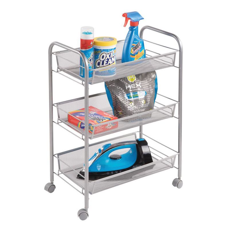 mDesign Portable Metal Rolling Laundry Utility Cart - 3 Shelves -Silver