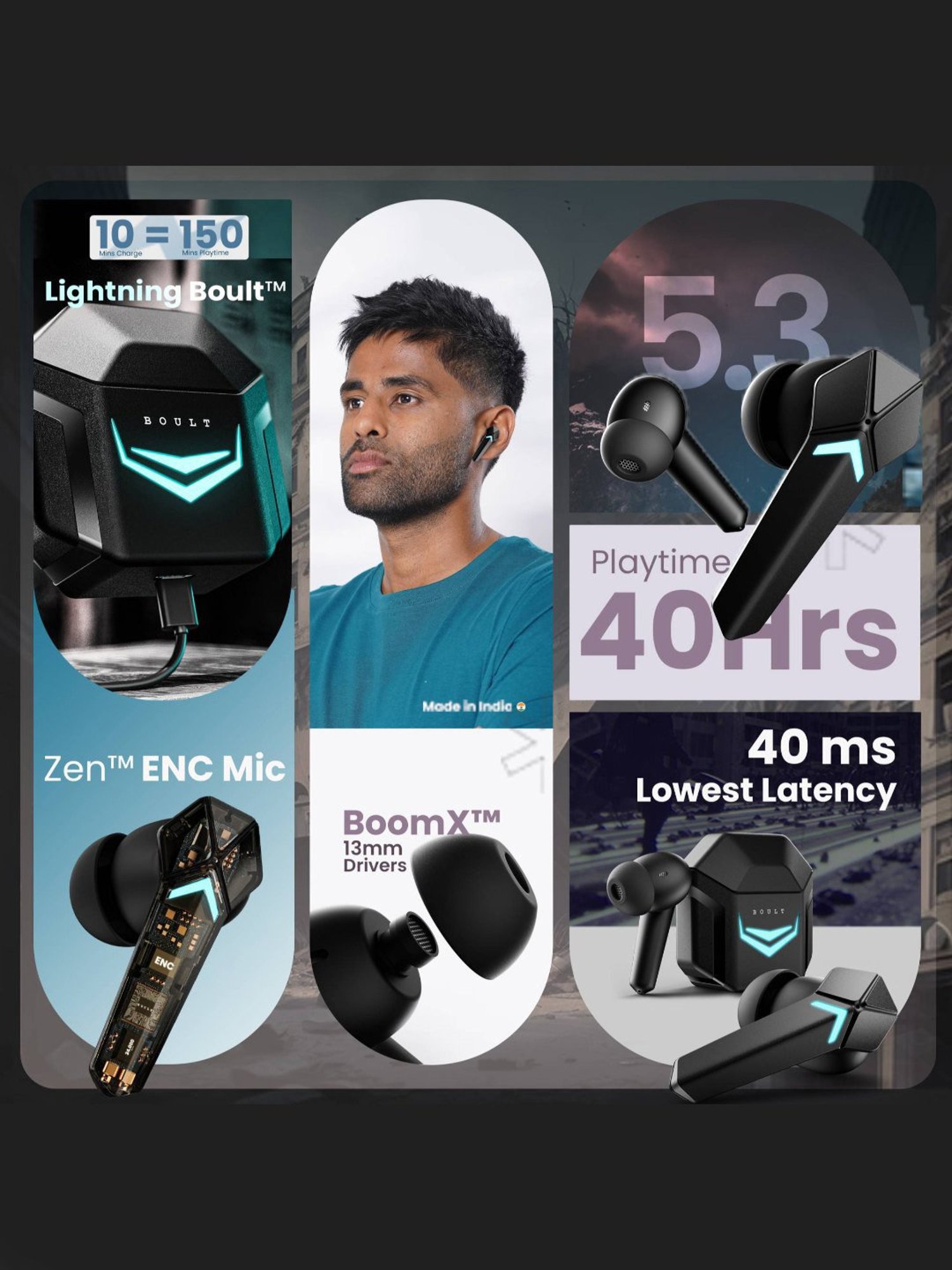 Boult Audio Ammo Interactive LED True Wireless Bluetooth Earbuds 40H Playtime (Black)