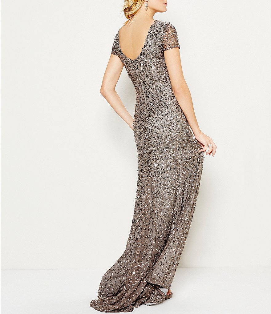 Adrianna Papell Crew Neck Short Sleeve Sequin Scoop Back Gown