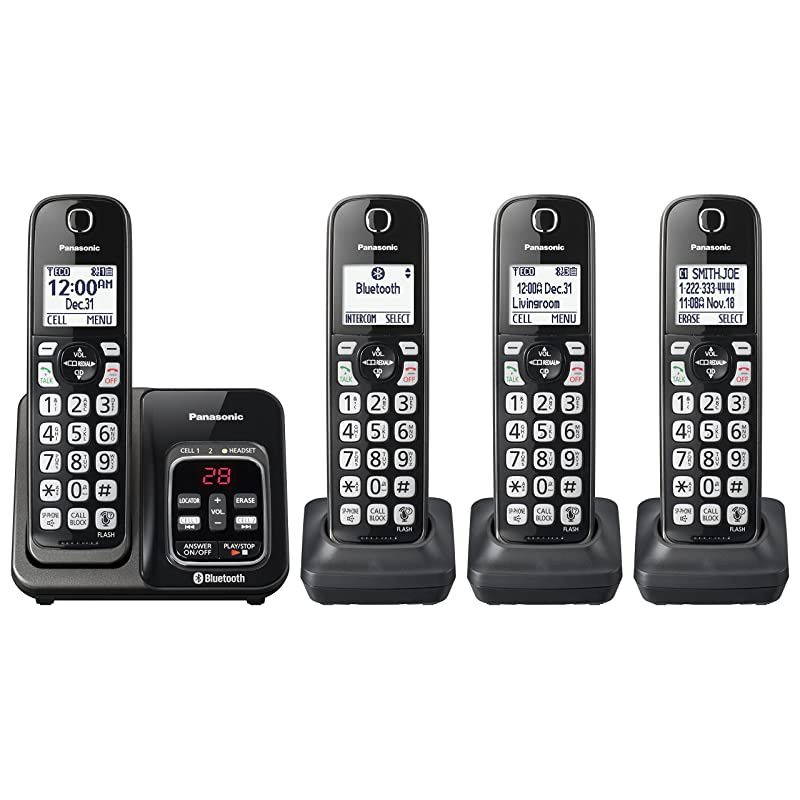 Expandable Cordless Phone System with Link2Cell Bluetooth, Voice Assistant, Answering Machine and Call Blocking - 4 Cordless Handsets - KX-TGD564M (Metallic Black)