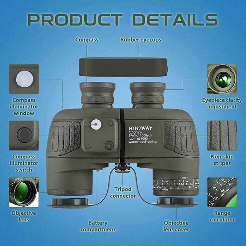 7x50 Waterproof Floating Marine Binocular w/Internal Rangefinder & Compass for Navigation,Boating,Water Sports,Hunting,Bird Watching and More(Army Green