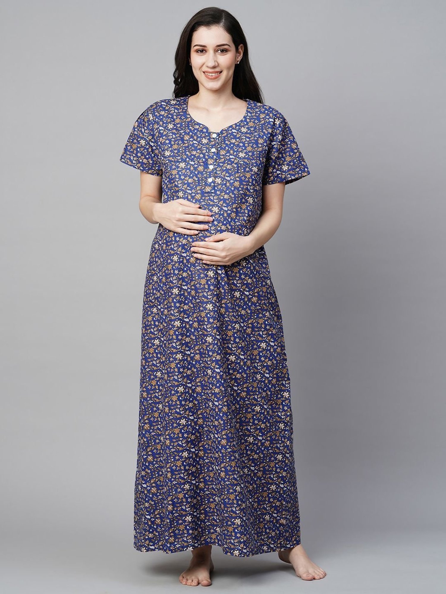 MomToBe Blue Cotton Printed Feeding Nighty