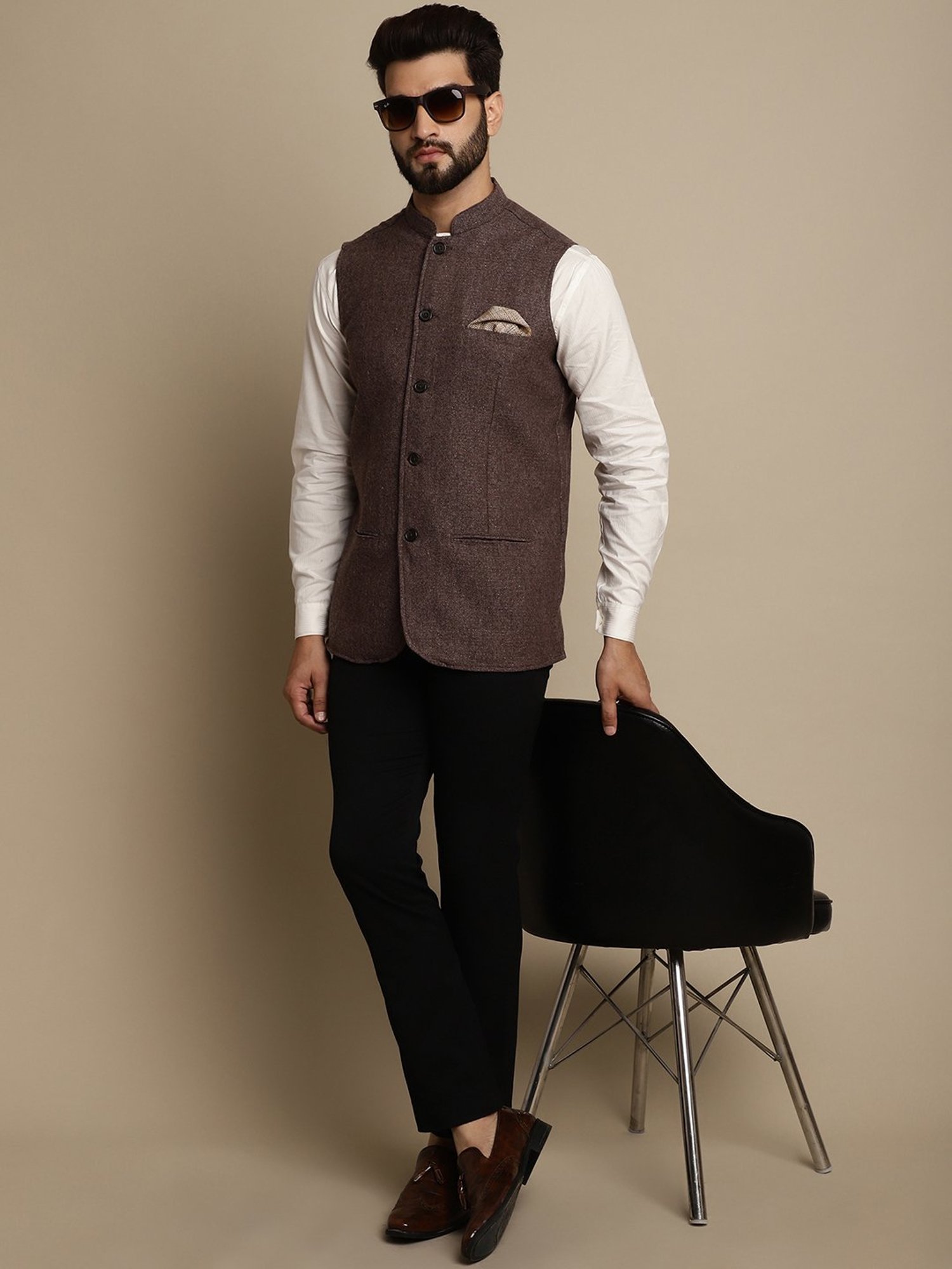 Even Brown Regular Fit Mandarin Collar Nehru Jacket