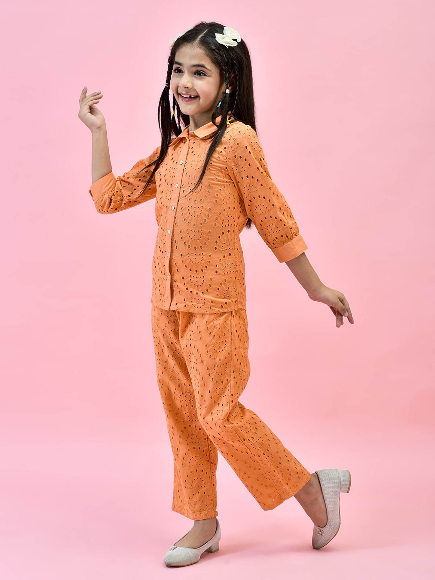 Juniper Girls Orange Self Design Shirt With Pants