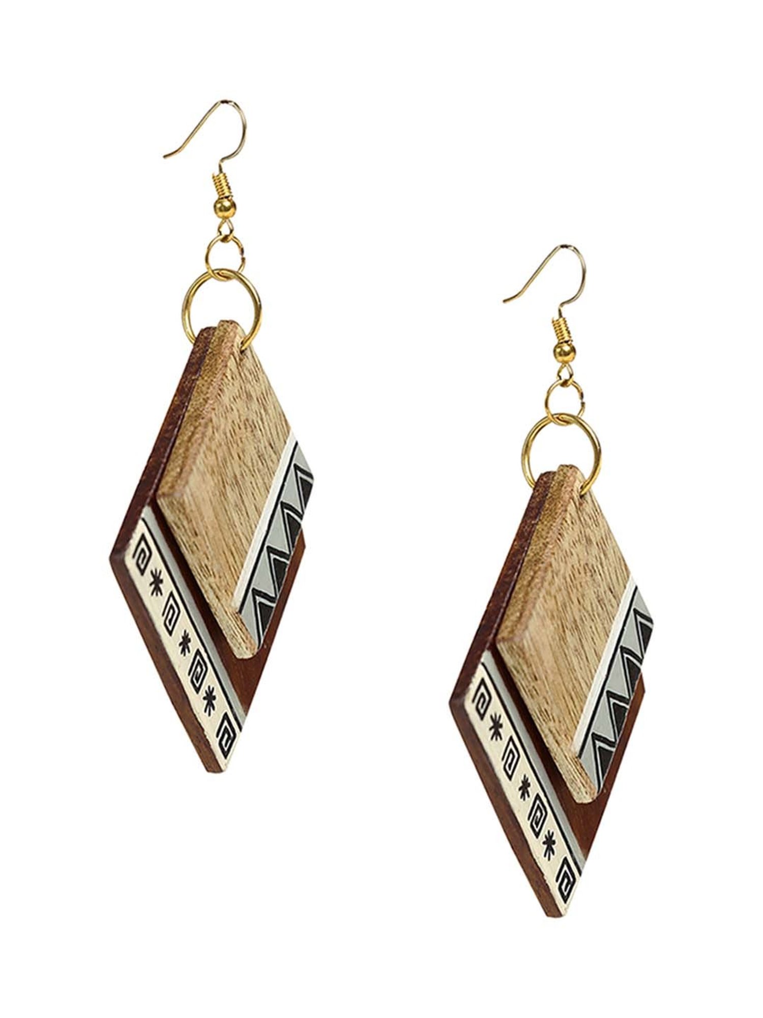 ExclusiveLane Brown & Beige Earrings Handpainted in Aztec Pattern (Sheesham Wood)