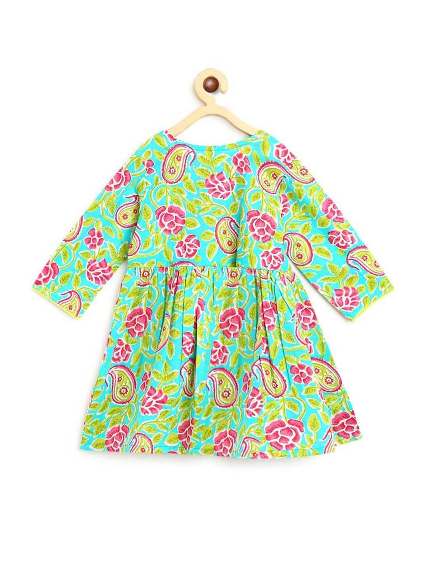 Campana Kids Blue & Green Cotton Floral Print Kurta Set