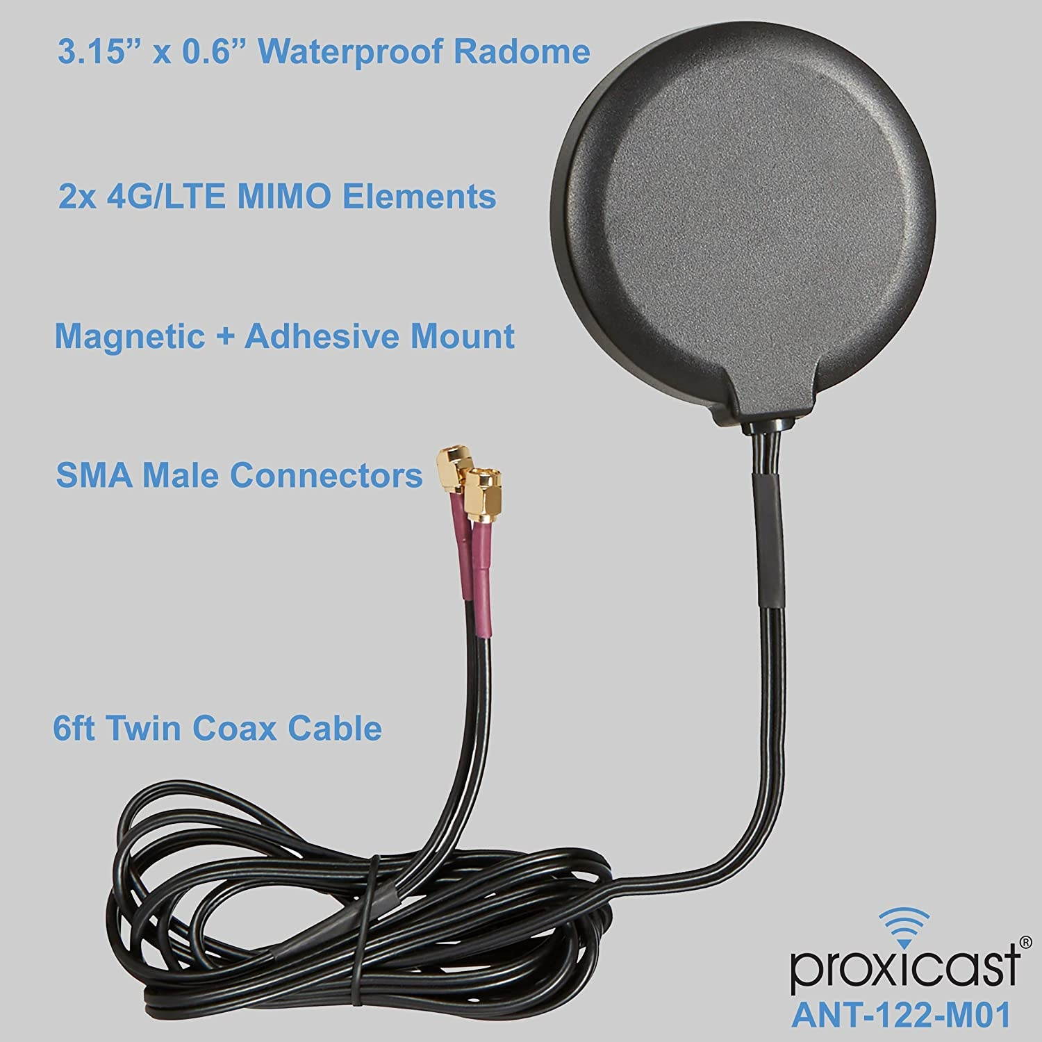 Proxicast Ultra Low Profile MIMO 3G / 4G / LTE Omni-Directional 2.5 dBi Puck Magnetic/Adhesive Mount Antenna (SMA) for Verizon AT&T Sprint and Others