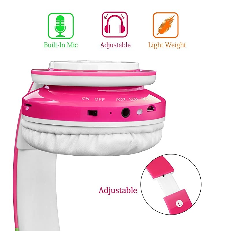 Headphones Bluetooth Wireless 85db Volume Limited Childrens Headset, up to 6-8 Hours Play, Stereo Sound, SD Card Slot, Over-Ear and Build-in Mic Wireless/Wired Headphones for Boys Girls(Pink)