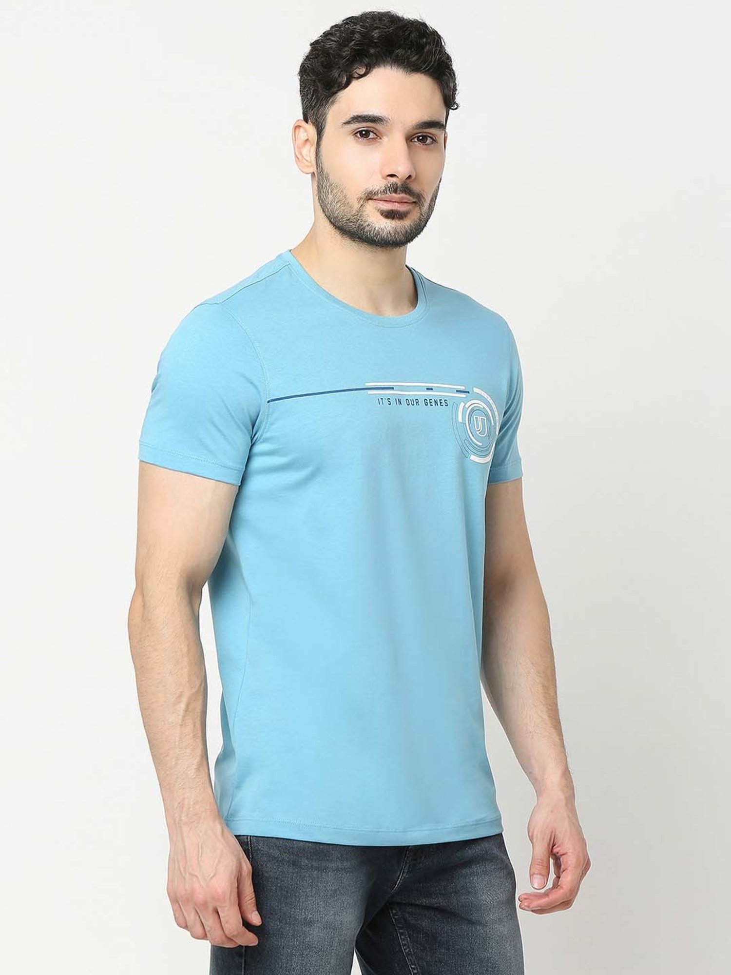 UnderJeans by Spykar Blue Regular Fit Printed Cotton Crew T-Shirt
