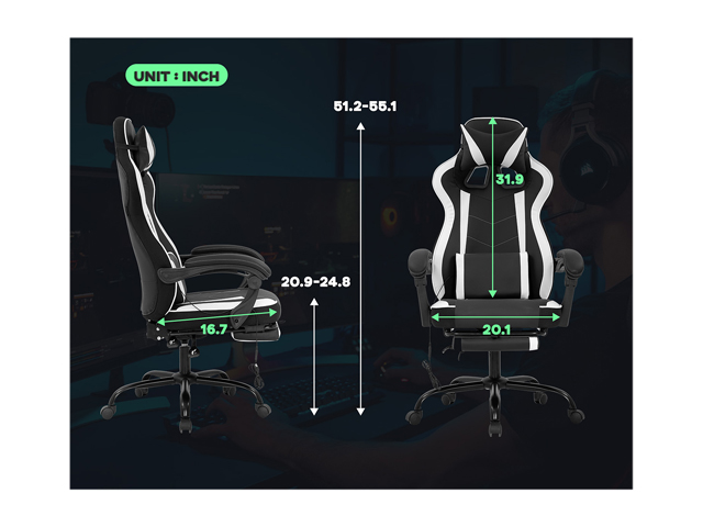 PC Gaming Chair Home Office Chair Racing Computer Chair with Lumbar Support Reclining Armrest Foot Rest Rolling Swivel PU Leather Ergonomic Task Desk Chair for Men(White)