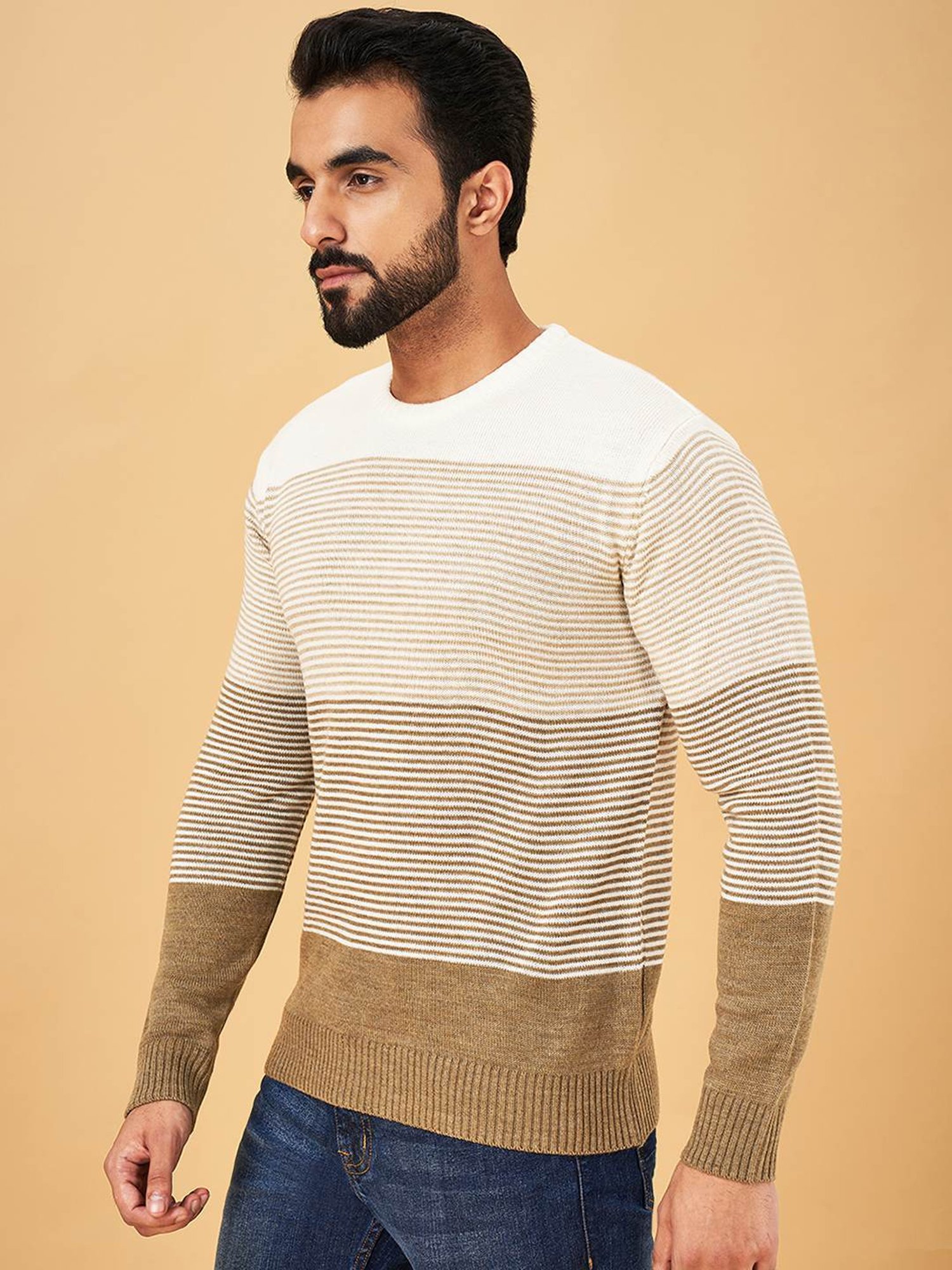 YU by Pantaloons Brown Regular Fit Striped Sweater