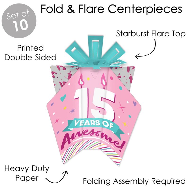 Big Dot of Happiness Girl 15th Birthday - Table Decorations - Teen Birthday Party Fold and Flare Centerpieces - 10 Count